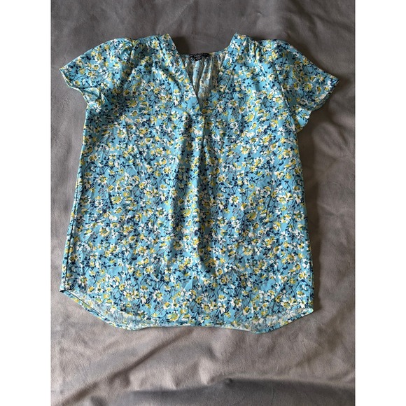 Hilary Radley Tops - Hilary Radley Womens Floral V-Neck Short Sleeve Blouse Blue Yellow XS